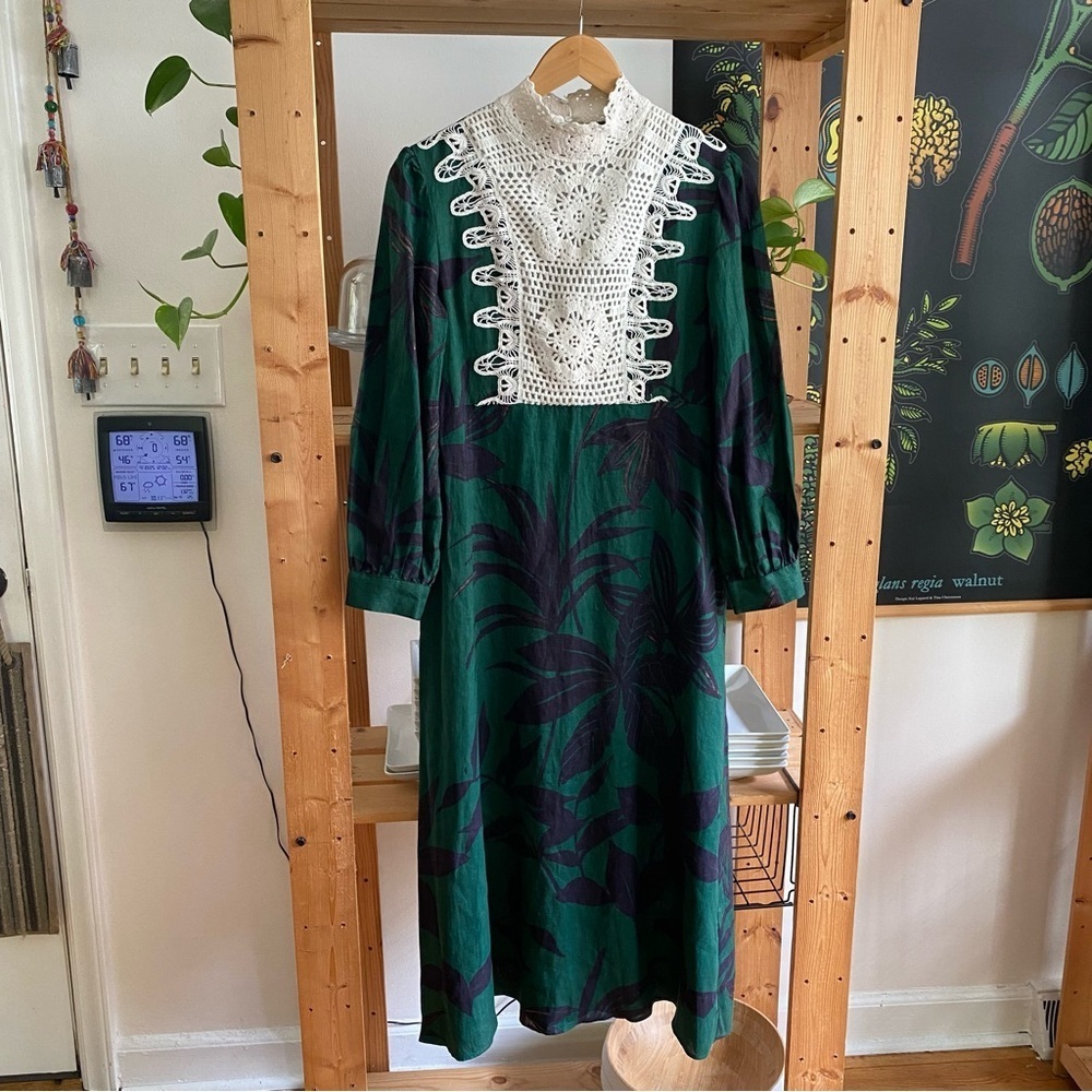 Zara Green Linen Palm Leaf Crochet Accent Midi Dress Small - Picture 5 of 16